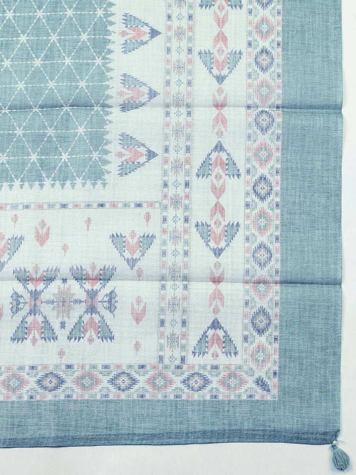 Aqua Blue Printed Chanderi Unstitched Suit &amp; Pant With Chanderi Dupatta