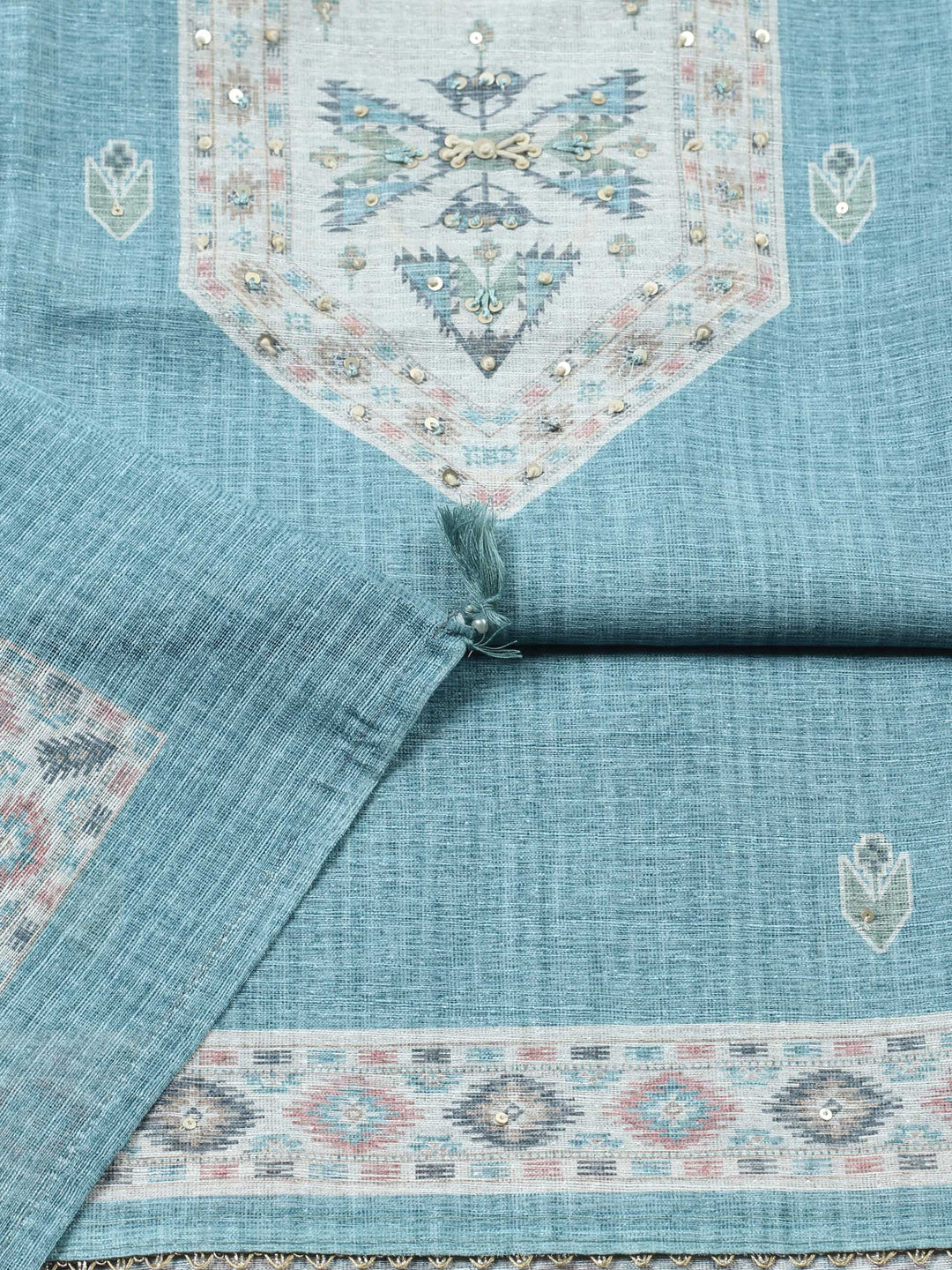 Aqua Blue Printed Chanderi Unstitched Suit &amp; Pant With Chanderi Dupatta