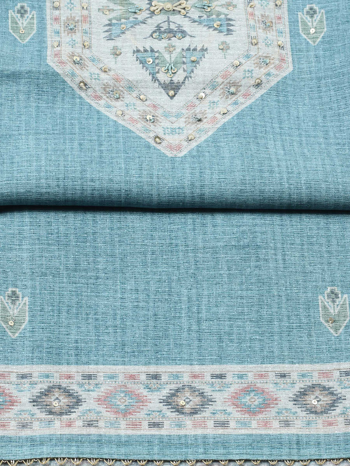 Aqua Blue Printed Chanderi Unstitched Suit &amp; Pant With Chanderi Dupatta