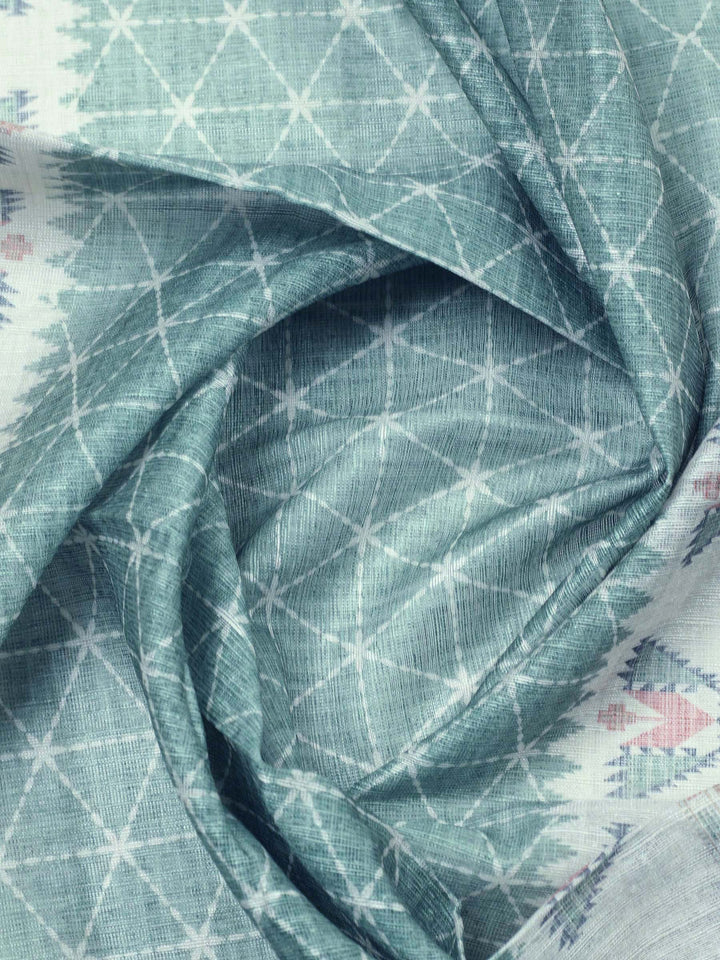 Aqua Blue Printed Chanderi Unstitched Suit &amp; Pant With Chanderi Dupatta