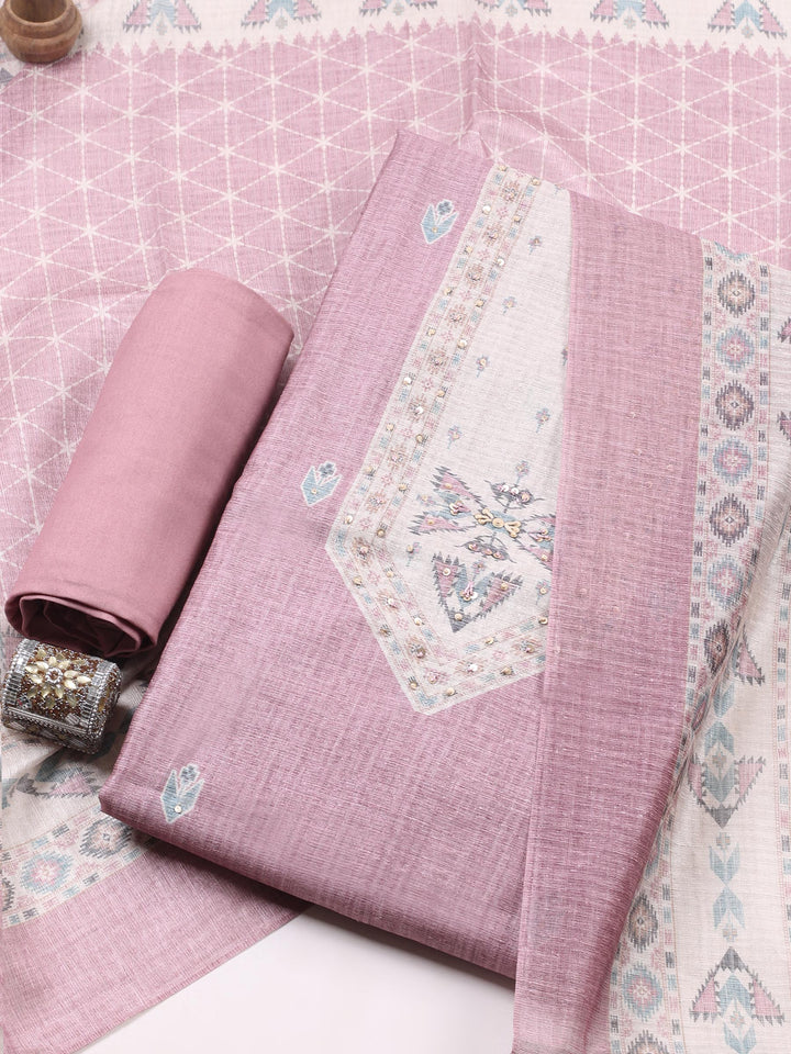 Dull Pink Printed Chanderi Unstitched Suit &amp; Pant With Chanderi Dupatta