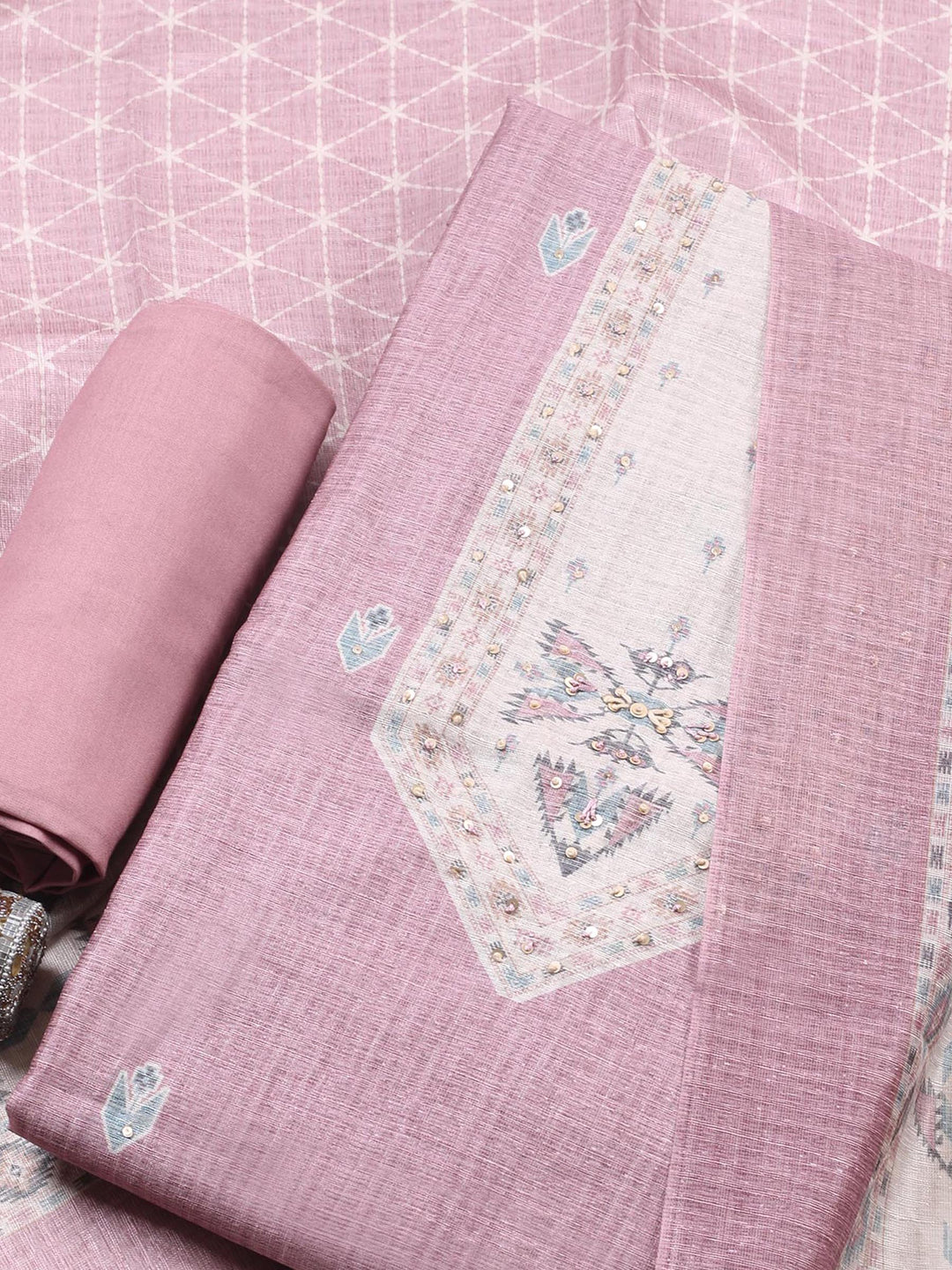 Dull Pink Printed Chanderi Unstitched Suit &amp; Pant With Chanderi Dupatta