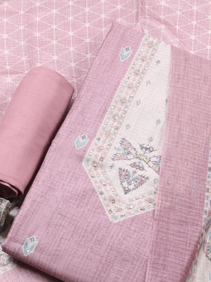 Dull Pink Printed Chanderi Unstitched Suit &amp; Pant With Chanderi Dupatta