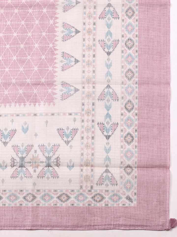 Dull Pink Printed Chanderi Unstitched Suit &amp; Pant With Chanderi Dupatta