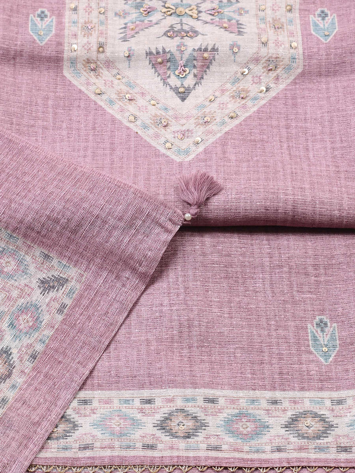 Dull Pink Printed Chanderi Unstitched Suit &amp; Pant With Chanderi Dupatta