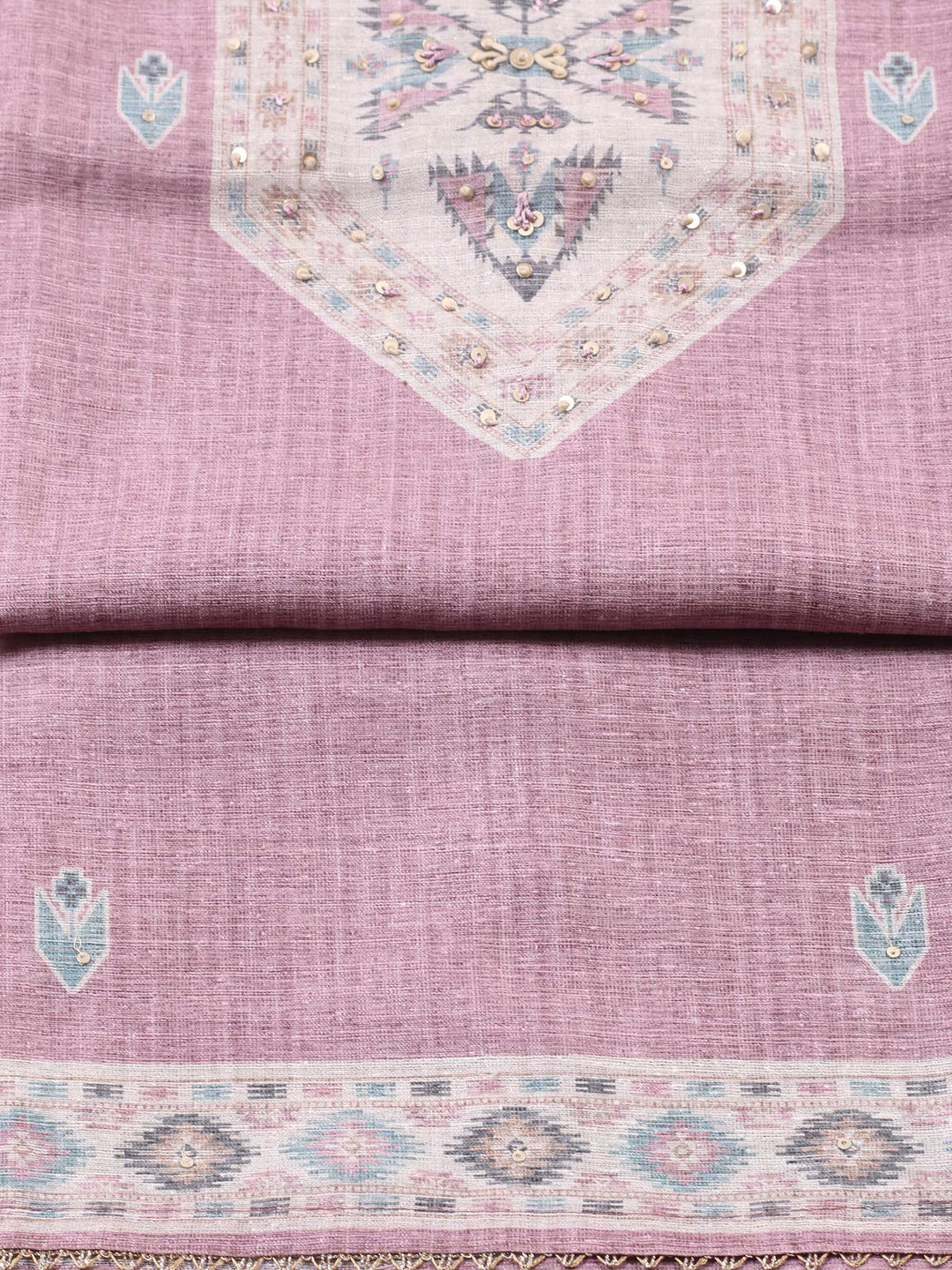 Dull Pink Printed Chanderi Unstitched Suit &amp; Pant With Chanderi Dupatta