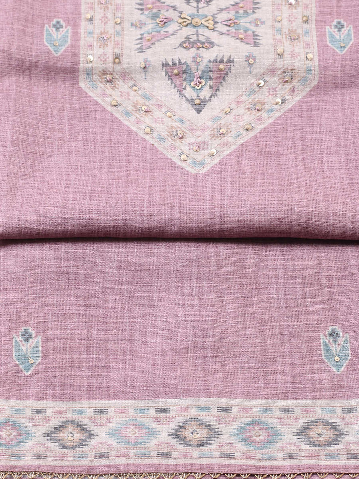 Dull Pink Printed Chanderi Unstitched Suit &amp; Pant With Chanderi Dupatta