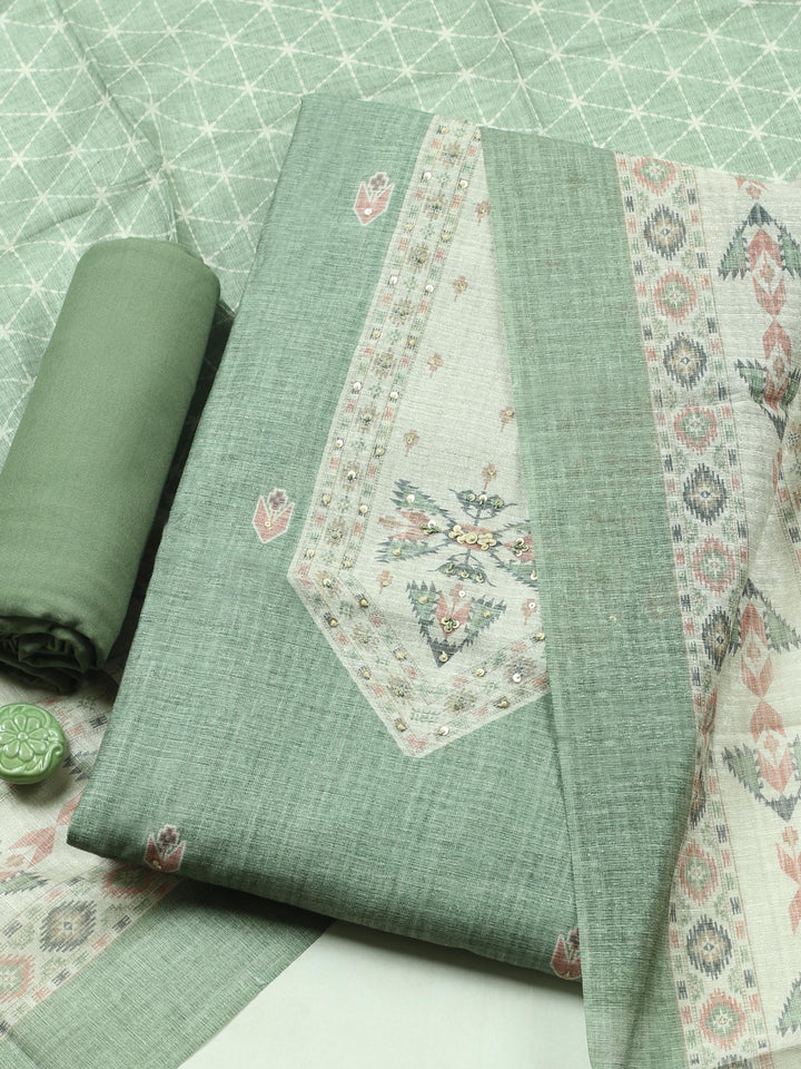 Green Printed Chanderi Unstitched Suit &amp; Pant With Chanderi Dupatta