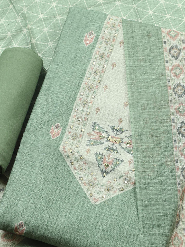 Green Printed Chanderi Unstitched Suit &amp; Pant With Chanderi Dupatta