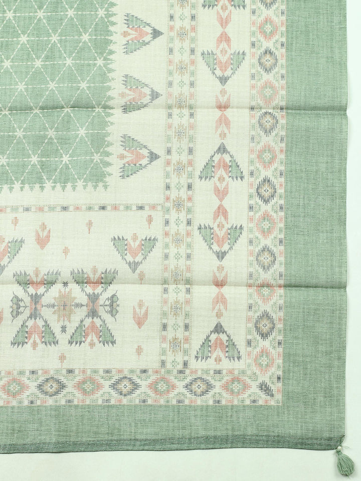 Green Printed Chanderi Unstitched Suit &amp; Pant With Chanderi Dupatta