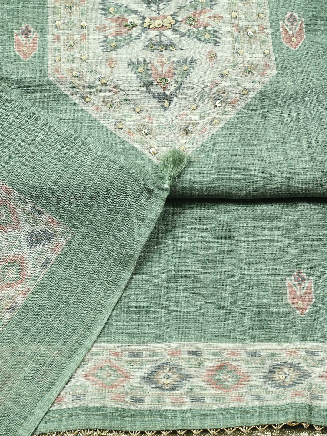 Green Printed Chanderi Unstitched Suit &amp; Pant With Chanderi Dupatta