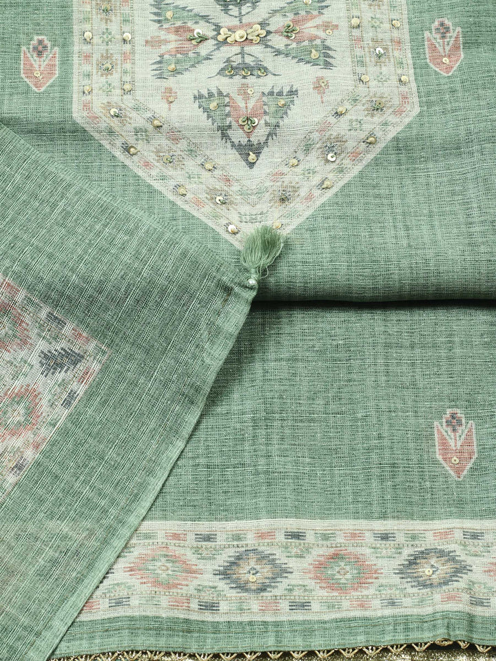 Green Printed Chanderi Unstitched Suit &amp; Pant With Chanderi Dupatta