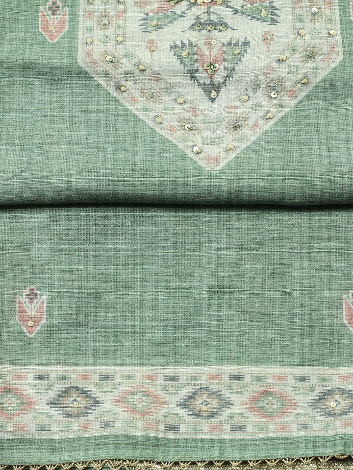 Green Printed Chanderi Unstitched Suit &amp; Pant With Chanderi Dupatta