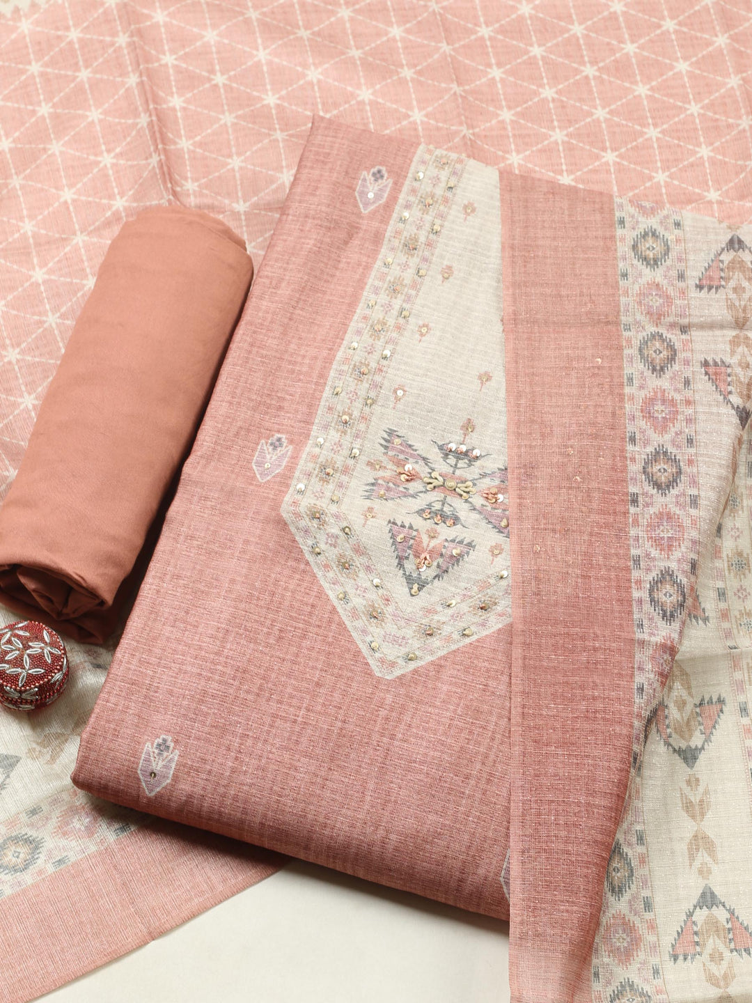 Peach Pink Printed Chanderi Unstitched Suit &amp; Pant With Chanderi Dupatta