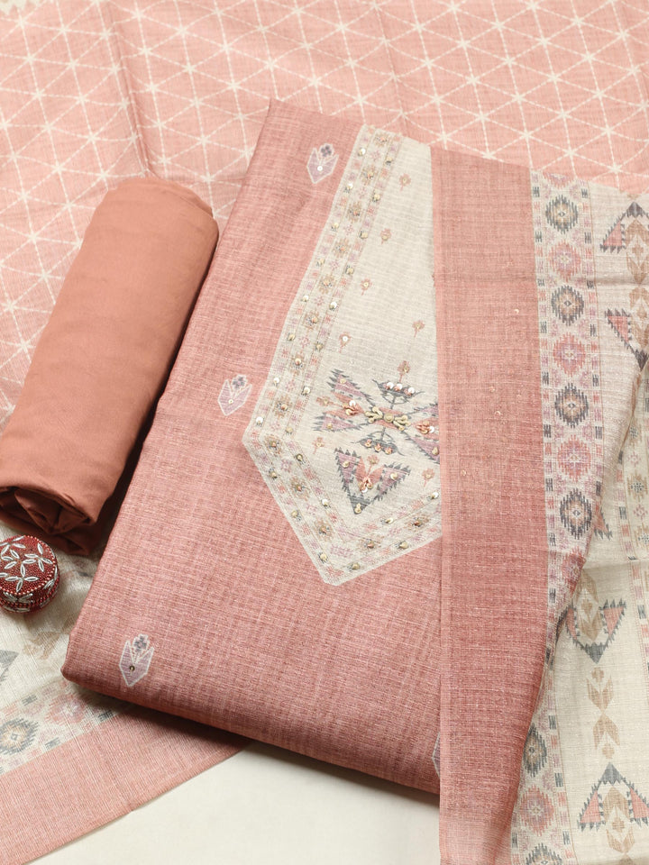 Peach Pink Printed Chanderi Unstitched Suit &amp; Pant With Chanderi Dupatta