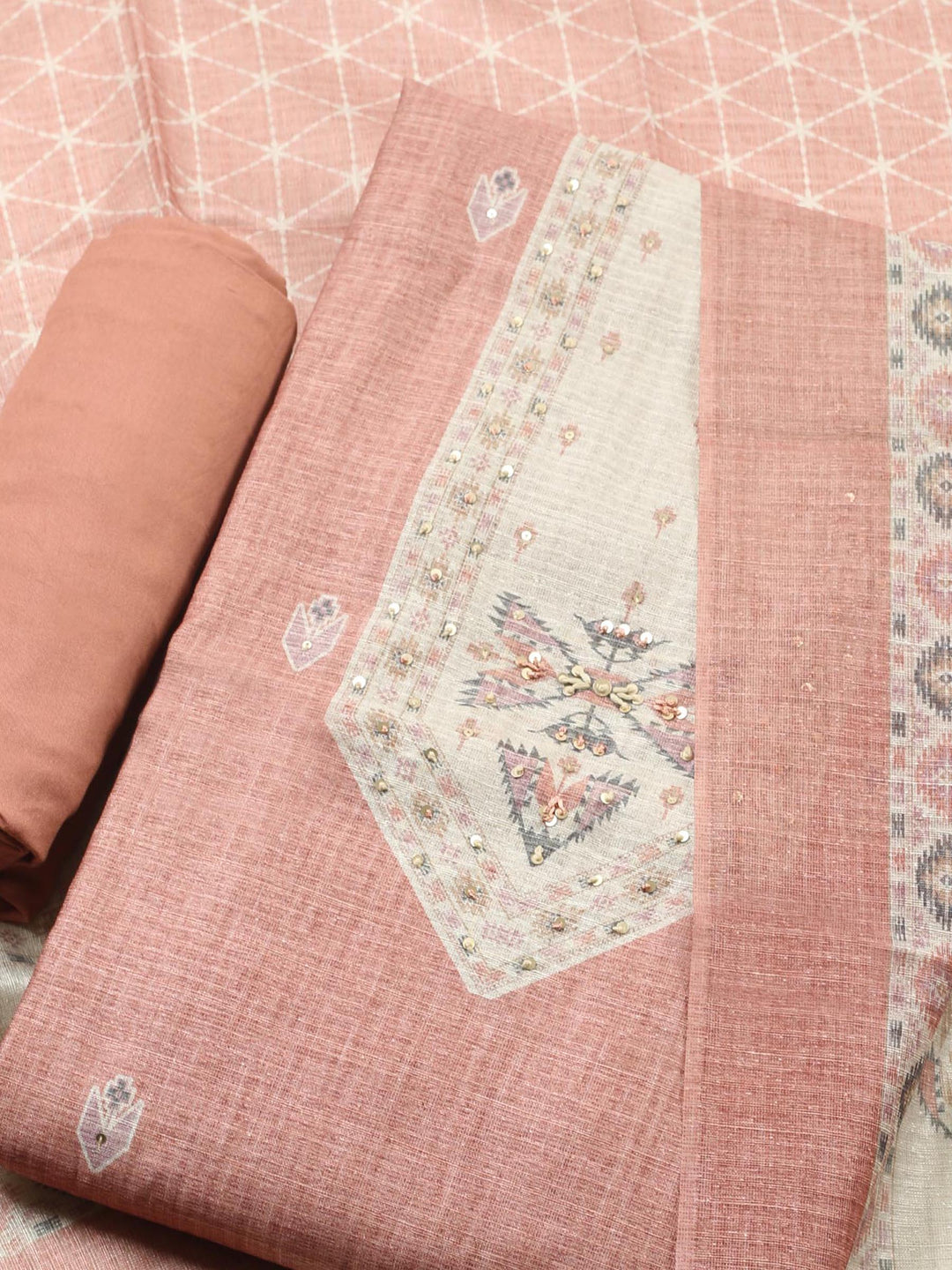 Peach Pink Printed Chanderi Unstitched Suit &amp; Pant With Chanderi Dupatta