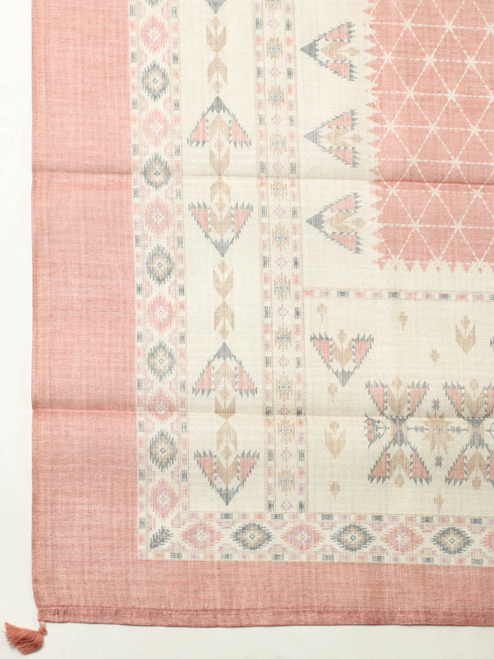 Peach Pink Printed Chanderi Unstitched Suit &amp; Pant With Chanderi Dupatta