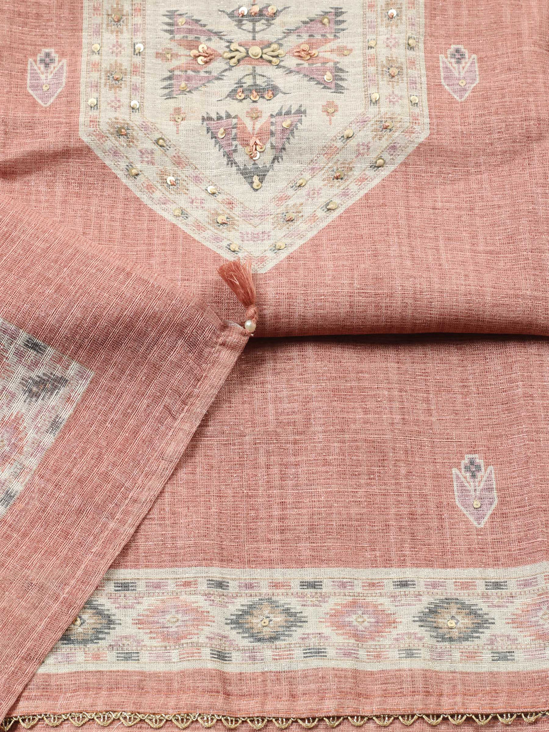 Peach Pink Printed Chanderi Unstitched Suit &amp; Pant With Chanderi Dupatta
