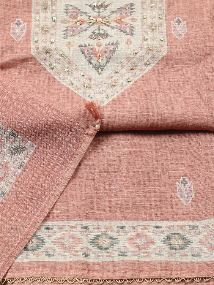 Peach Pink Printed Chanderi Unstitched Suit &amp; Pant With Chanderi Dupatta