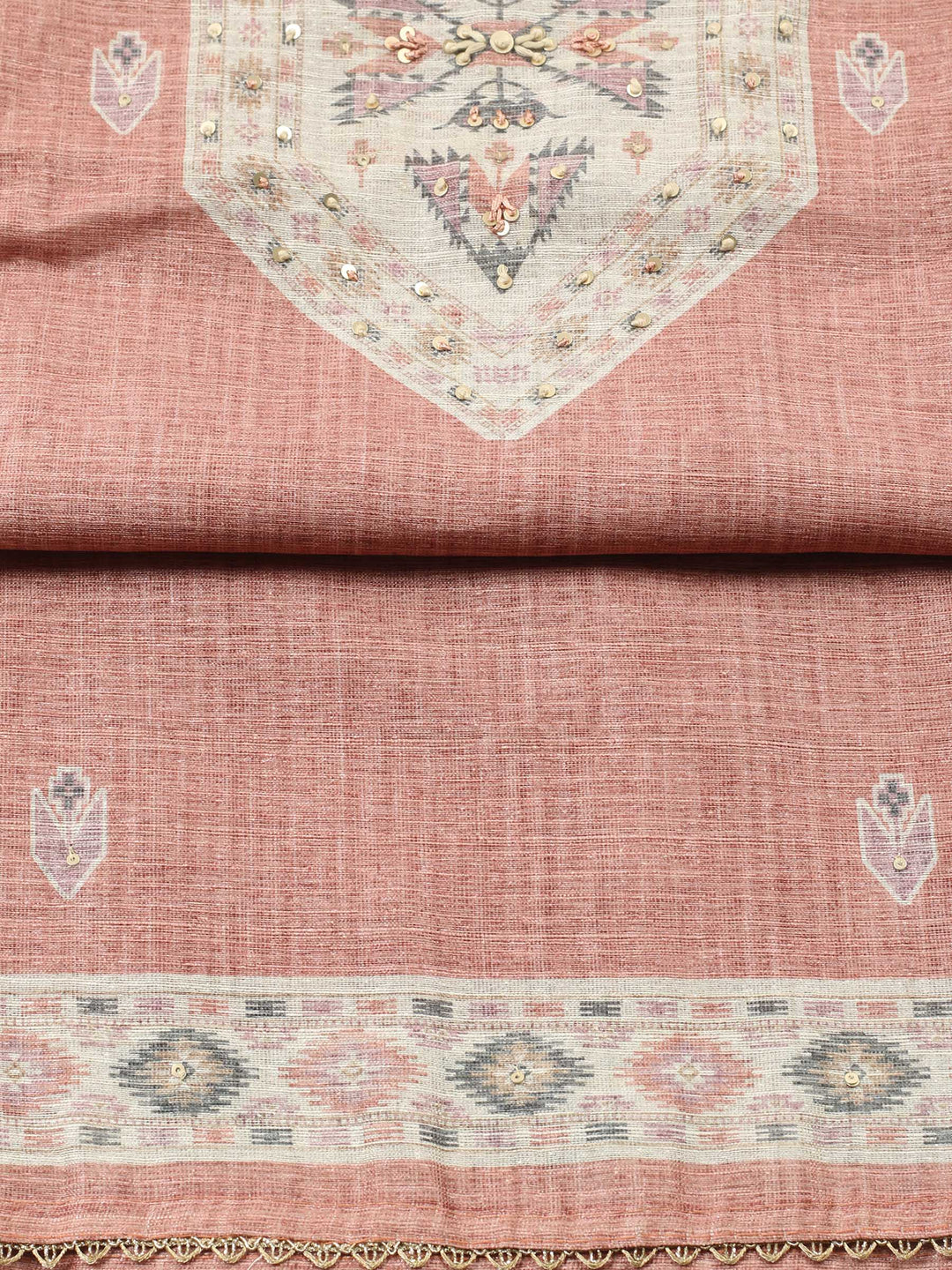 Peach Pink Printed Chanderi Unstitched Suit &amp; Pant With Chanderi Dupatta