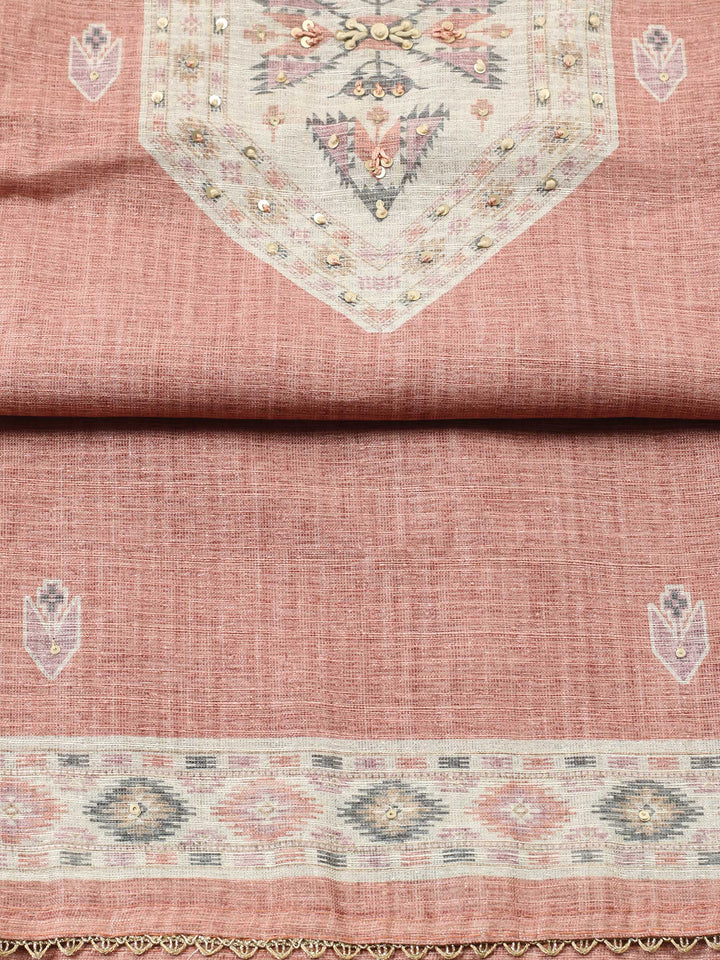 Peach Pink Printed Chanderi Unstitched Suit &amp; Pant With Chanderi Dupatta