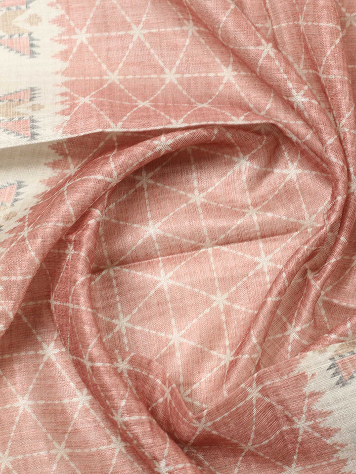 Peach Pink Printed Chanderi Unstitched Suit &amp; Pant With Chanderi Dupatta