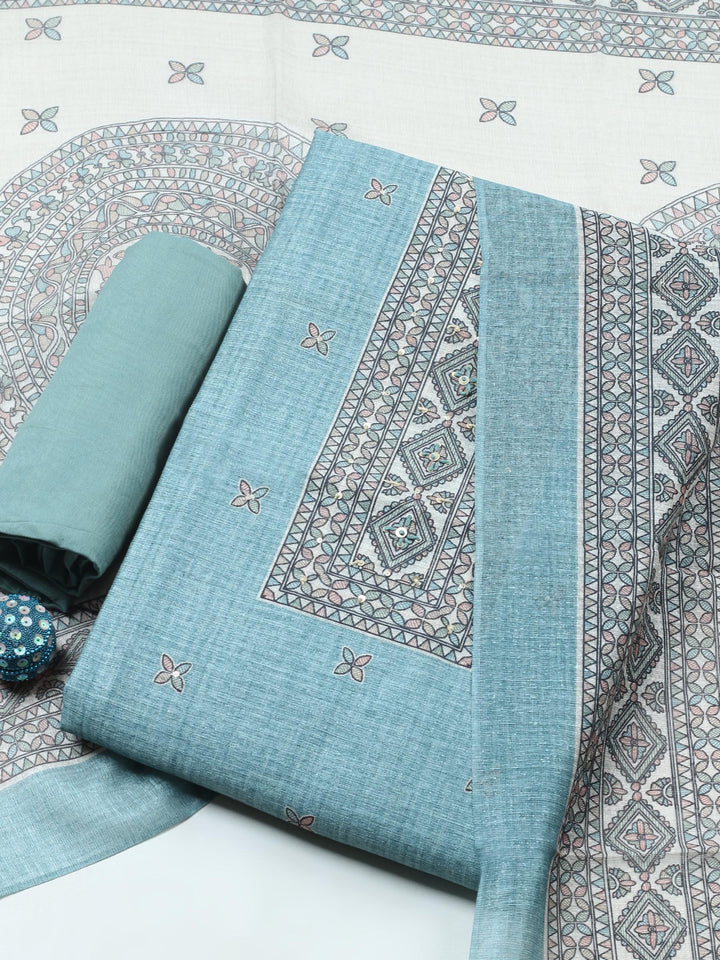 Aqua Blue Printed Chanderi Unstitched Suit &amp; Pant With Chanderi Dupatta