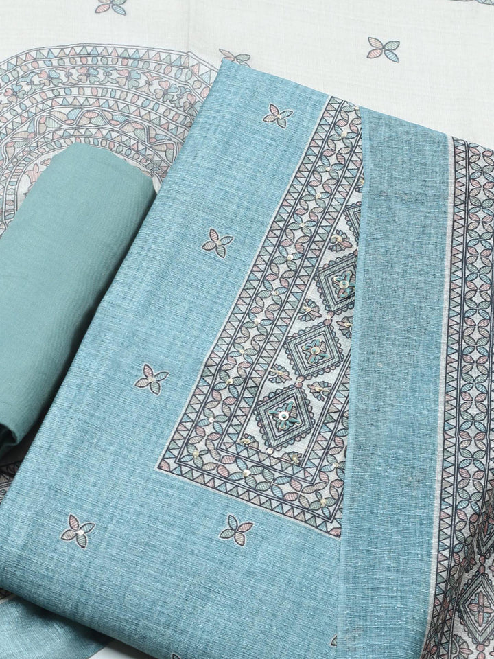 Aqua Blue Printed Chanderi Unstitched Suit &amp; Pant With Chanderi Dupatta