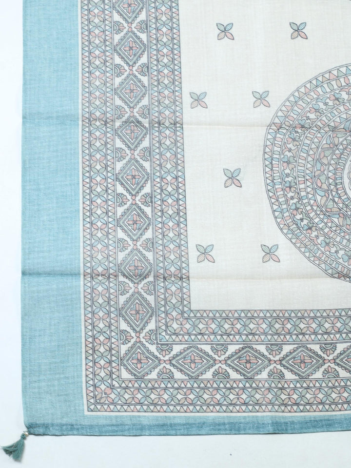 Aqua Blue Printed Chanderi Unstitched Suit &amp; Pant With Chanderi Dupatta