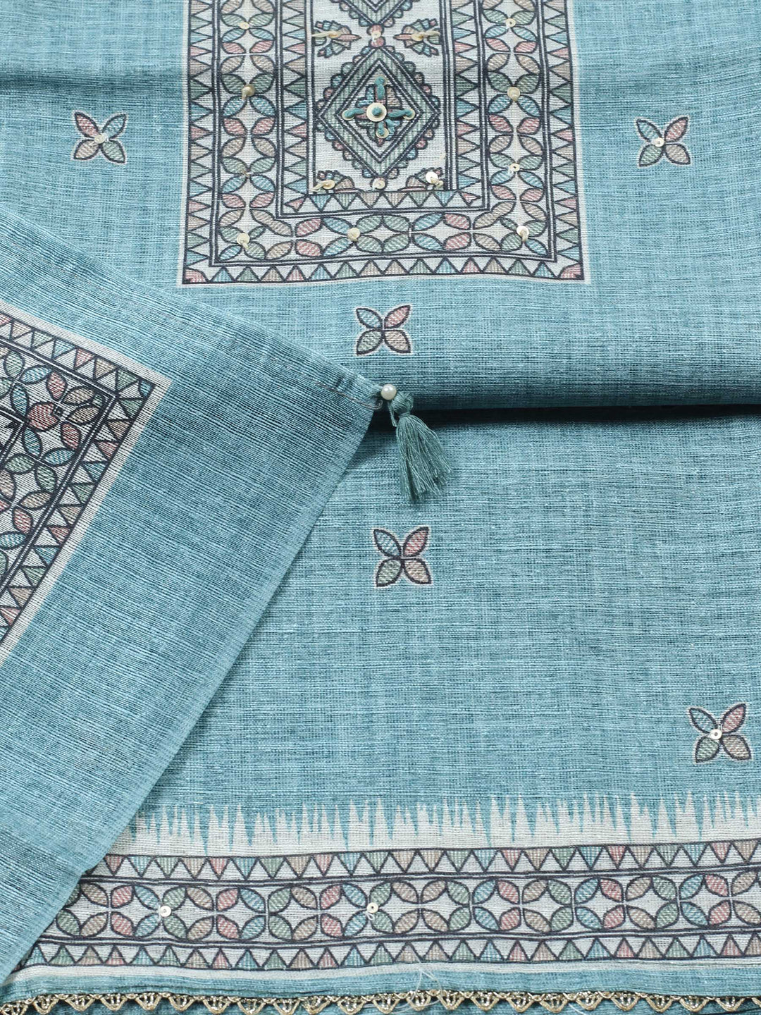 Aqua Blue Printed Chanderi Unstitched Suit &amp; Pant With Chanderi Dupatta
