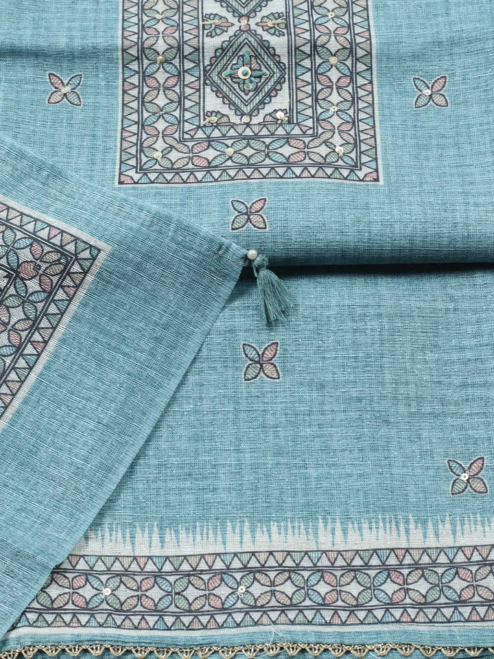 Aqua Blue Printed Chanderi Unstitched Suit &amp; Pant With Chanderi Dupatta