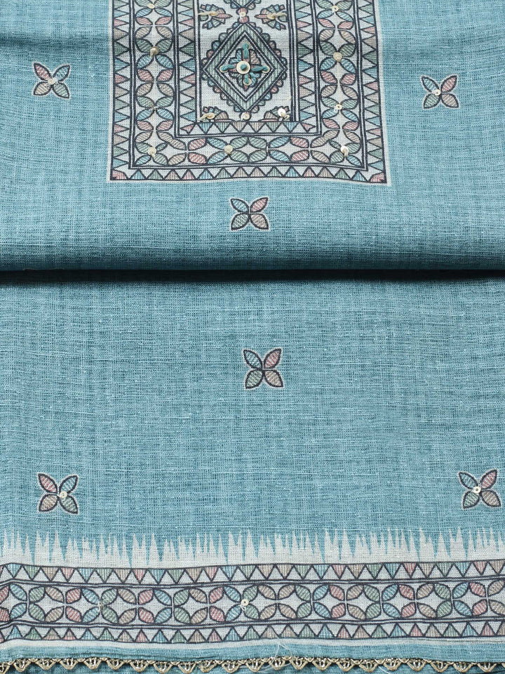 Aqua Blue Printed Chanderi Unstitched Suit &amp; Pant With Chanderi Dupatta
