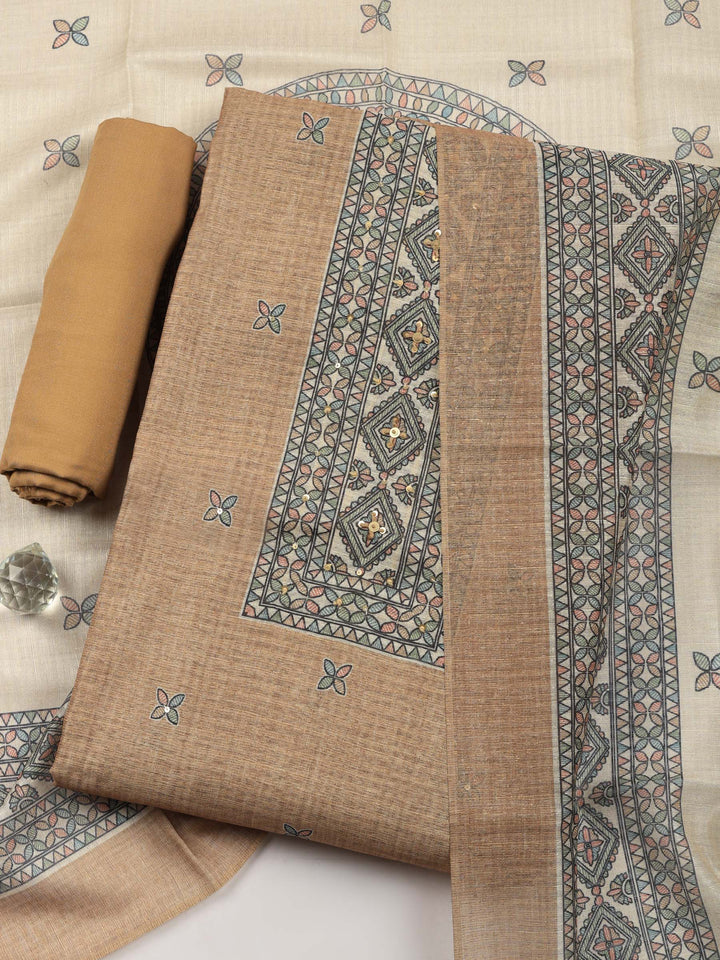 Beige Printed Chanderi Unstitched Suit &amp; Pant With Chanderi Dupatta