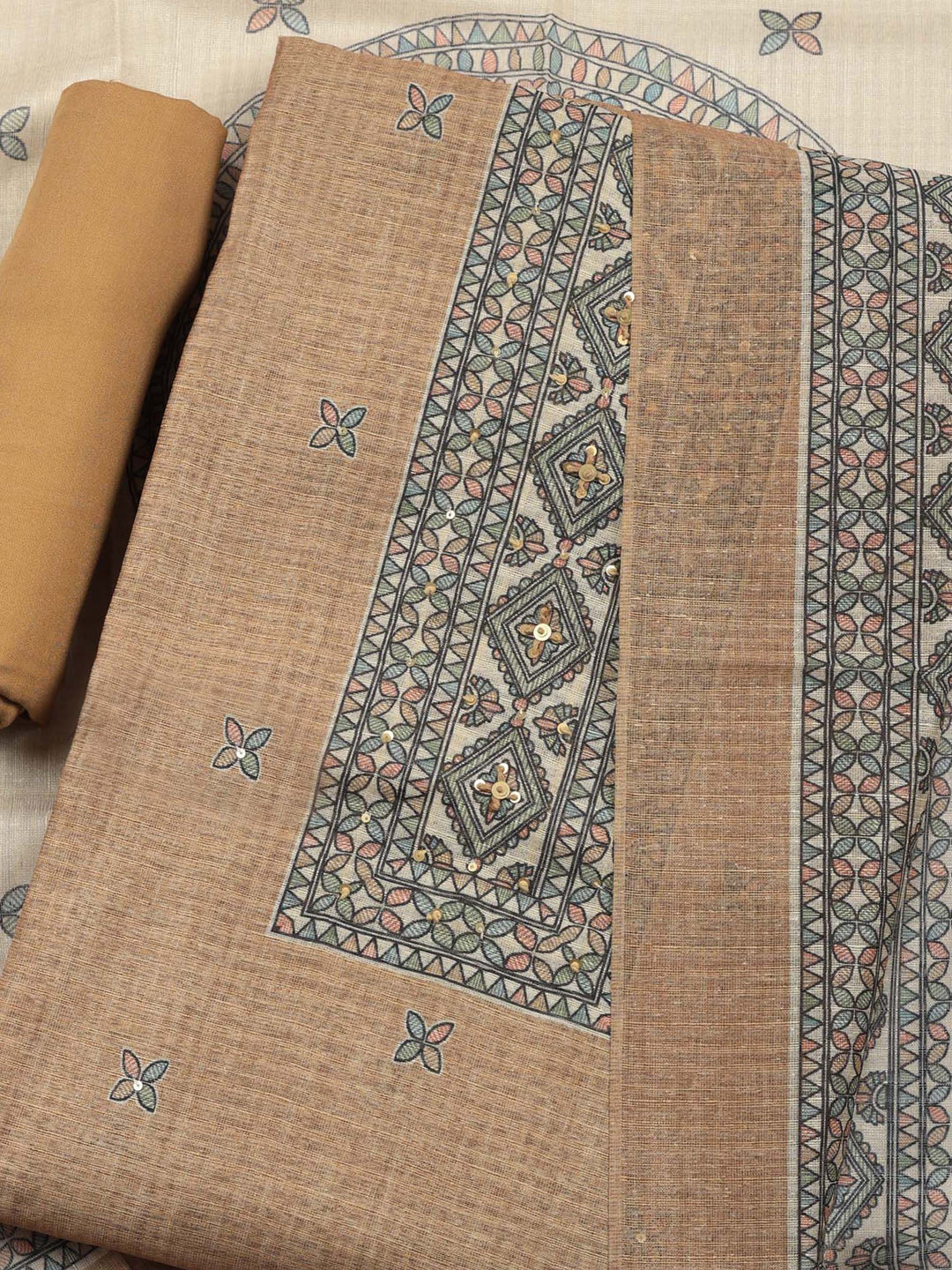 Beige Printed Chanderi Unstitched Suit &amp; Pant With Chanderi Dupatta