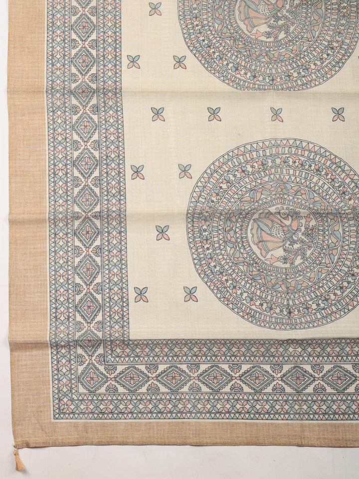Beige Printed Chanderi Unstitched Suit &amp; Pant With Chanderi Dupatta