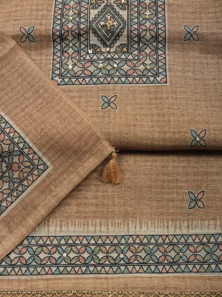 Beige Printed Chanderi Unstitched Suit &amp; Pant With Chanderi Dupatta