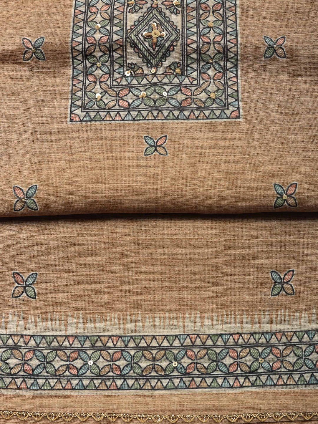 Beige Printed Chanderi Unstitched Suit &amp; Pant With Chanderi Dupatta
