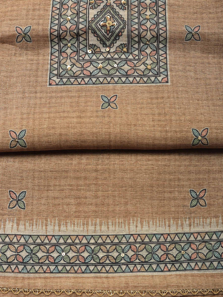 Beige Printed Chanderi Unstitched Suit &amp; Pant With Chanderi Dupatta