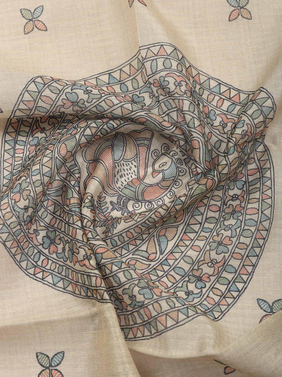 Beige Printed Chanderi Unstitched Suit &amp; Pant With Chanderi Dupatta