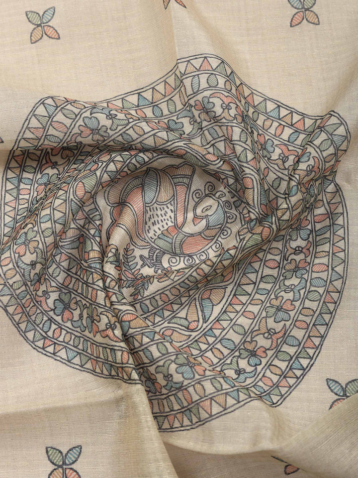 Beige Printed Chanderi Unstitched Suit &amp; Pant With Chanderi Dupatta