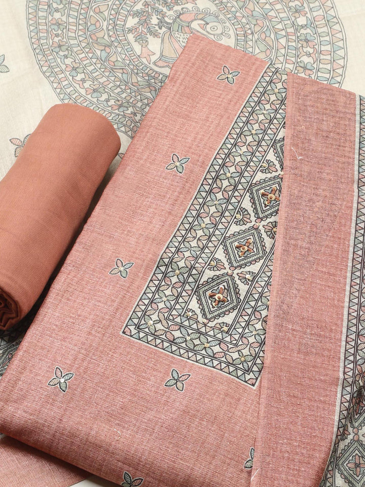 Dull Pink Printed Chanderi Unstitched Suit &amp; Pant With Chanderi Dupatta