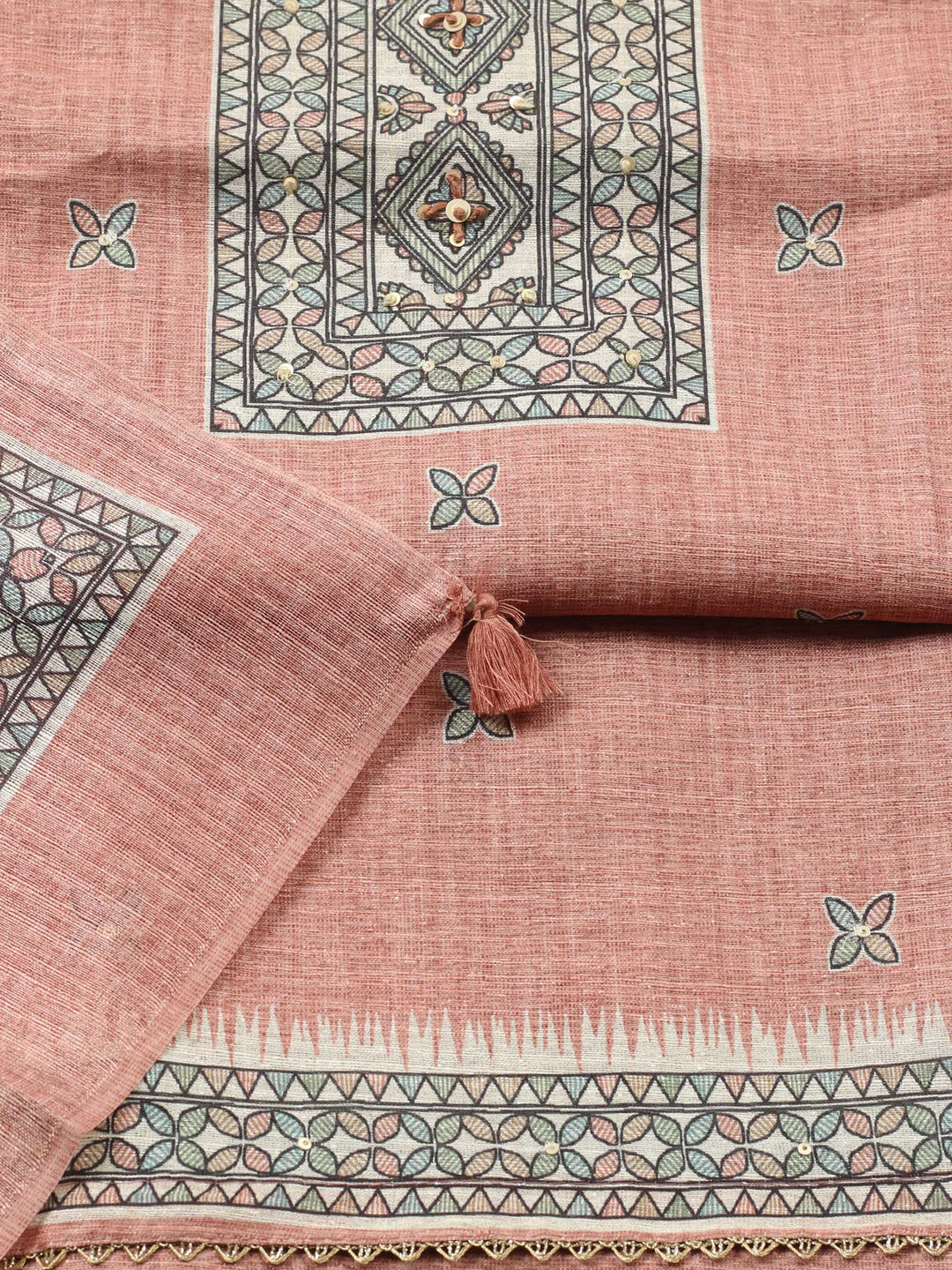 Dull Pink Printed Chanderi Unstitched Suit &amp; Pant With Chanderi Dupatta