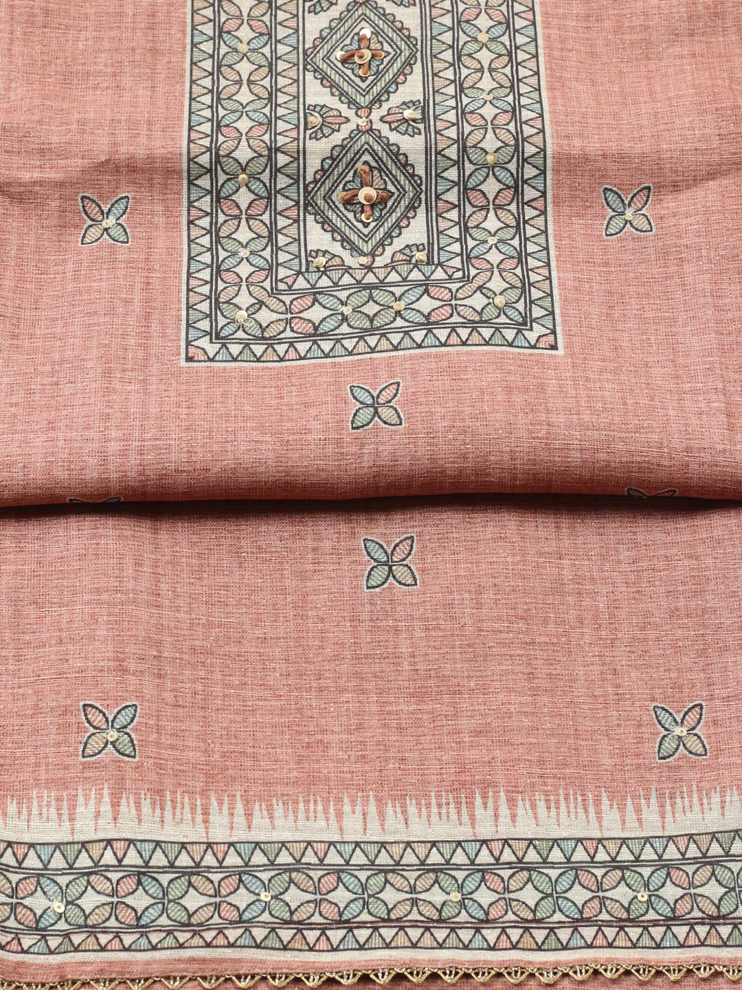 Dull Pink Printed Chanderi Unstitched Suit &amp; Pant With Chanderi Dupatta