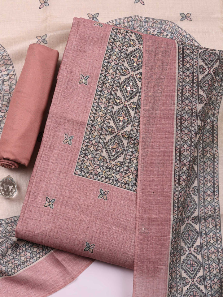 Peach Pink Printed Chanderi Unstitched Suit &amp; Pant With Chanderi Dupatta