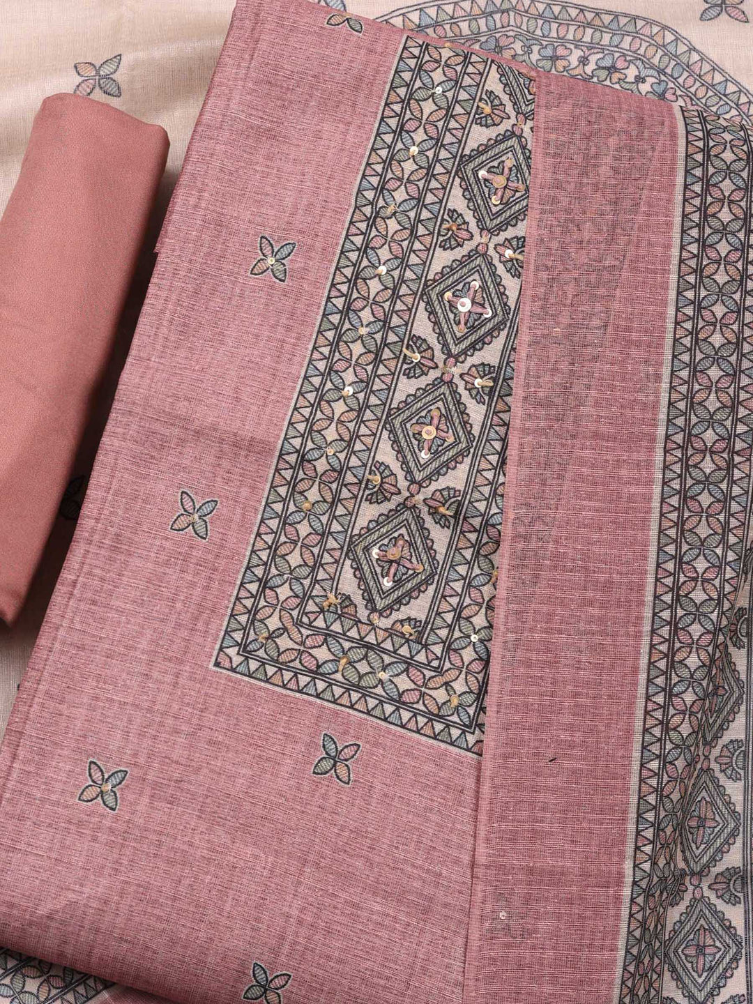 Peach Pink Printed Chanderi Unstitched Suit &amp; Pant With Chanderi Dupatta