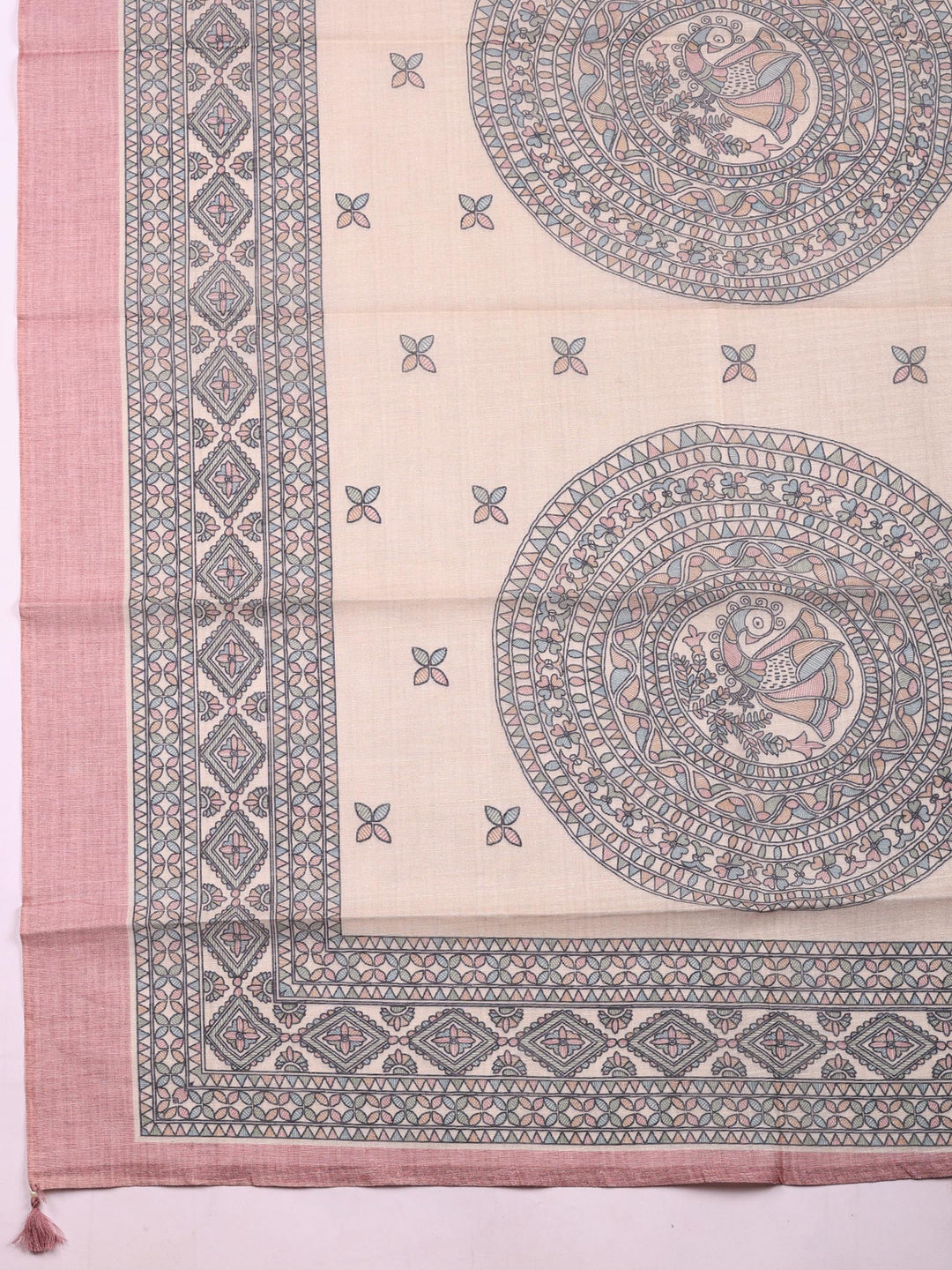Peach Pink Printed Chanderi Unstitched Suit &amp; Pant With Chanderi Dupatta