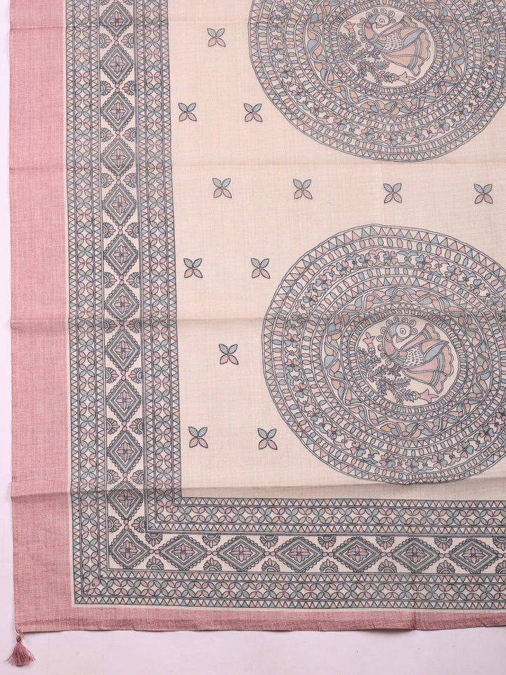 Peach Pink Printed Chanderi Unstitched Suit &amp; Pant With Chanderi Dupatta