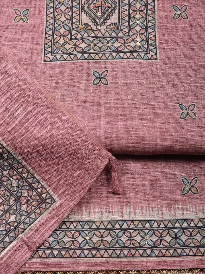Peach Pink Printed Chanderi Unstitched Suit &amp; Pant With Chanderi Dupatta