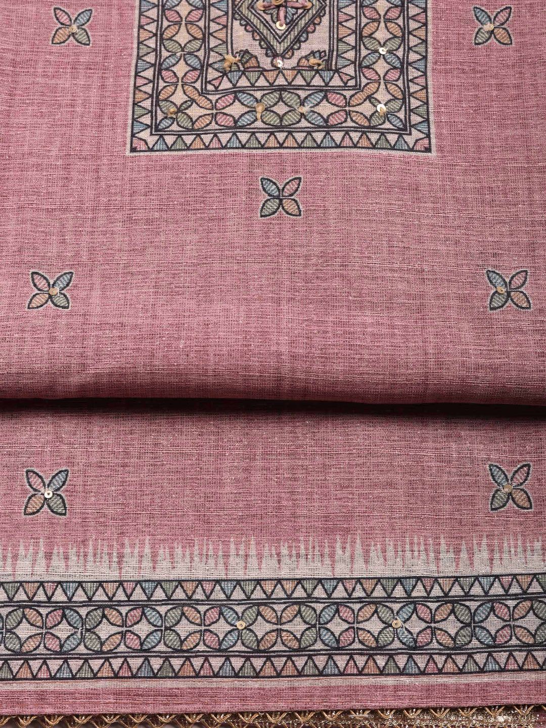 Peach Pink Printed Chanderi Unstitched Suit &amp; Pant With Chanderi Dupatta