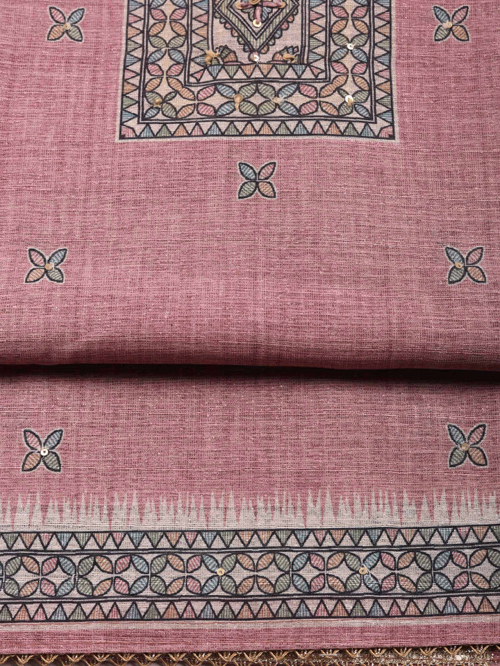 Peach Pink Printed Chanderi Unstitched Suit &amp; Pant With Chanderi Dupatta